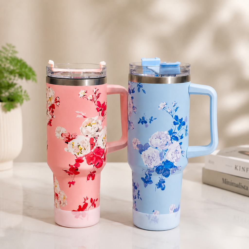 Floral Insulated Tumbler 40oz with Handle & Straw