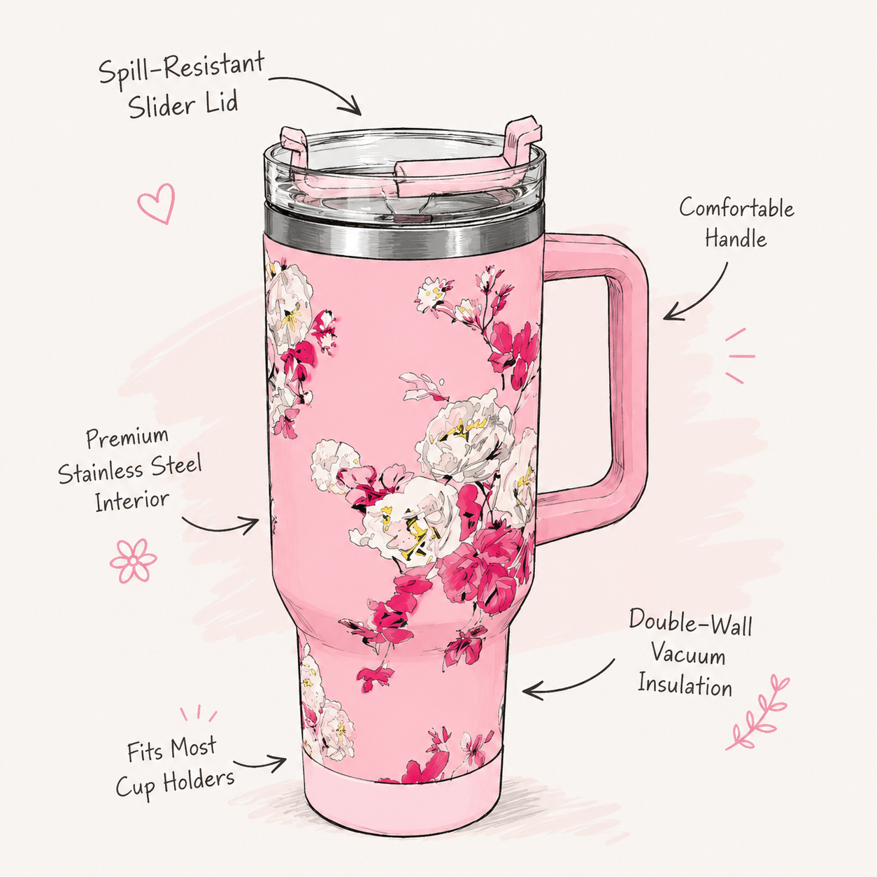 Floral Insulated Tumbler 40oz with Handle & Straw